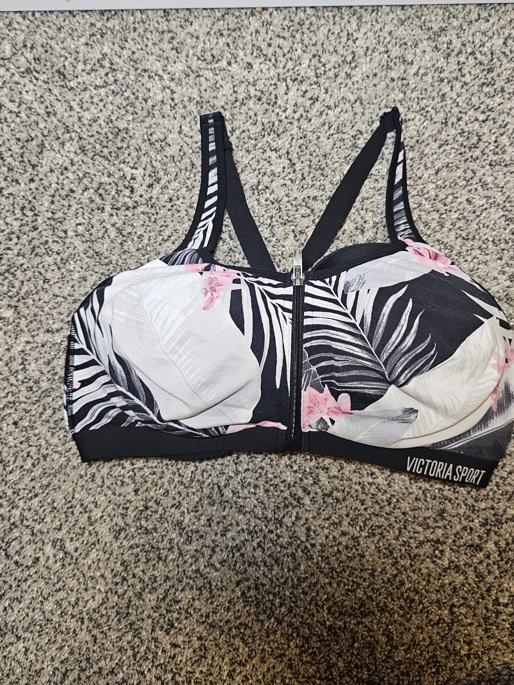 Victoria Sport Floral Front-Zip Sports Bra in Black & White with Pink Accents